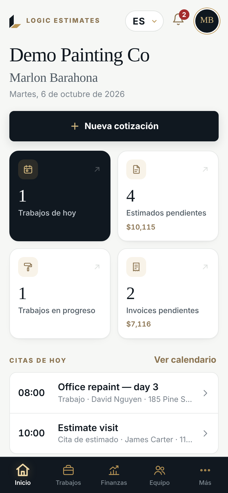 Logic Estimates dashboard